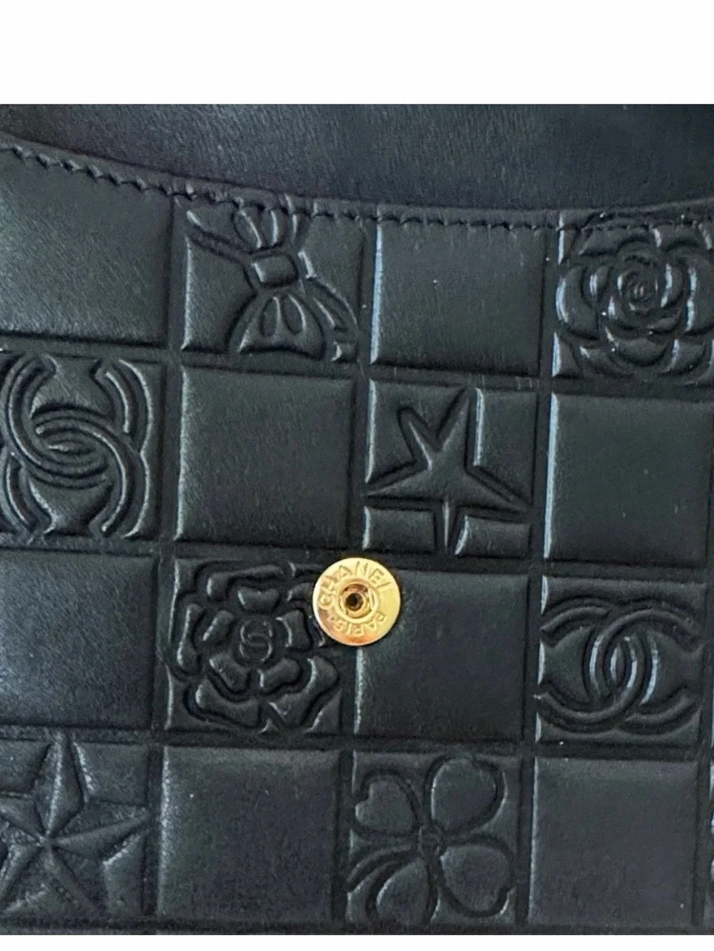CHANEL Black Quilted Embossed Leather Small Wallet with Gold CC Snap